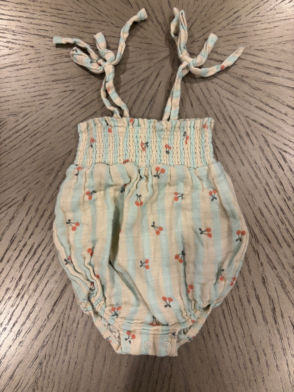 Angel Dear Light Blue & Cream Striped Romper with Cherry Dots